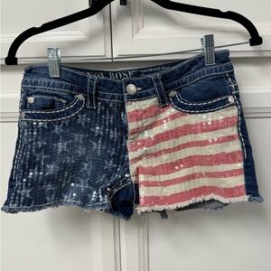 Women's Sequin Denim Shorts - Blue and Red Sz 6